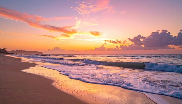 Ocean waves crashing on a sandy beach at sunset with dramatic colorful clouds painting the sky in hues of orange pink and purple a tranquil and beautiful coastal landscape scene.