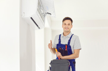 Portrait of a skilled man technician servicing a home air conditioner, confidently giving a thumbs up gesture. Ensuring efficient maintenance and repair for optimal cooling at home.