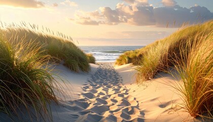 Pathway through sand dunes to the ocean at golden hour with gentle waves and warm sunlight on coastal grasses