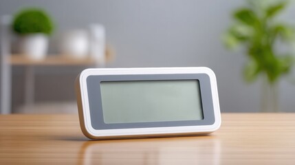 Digital clock displayed on a wooden table with a blurred green plant in the background.