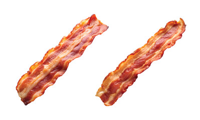 Bacon Strip Crispy: A single crispy bacon strip, high texture detail, sharp edges, visible fat lines, PNG cut out.