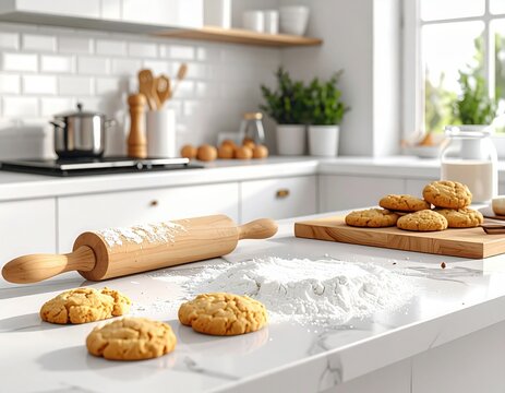 Kitchen countertop with baking tools, cookies, rolling pin, cookie cutters, and flour scattered.