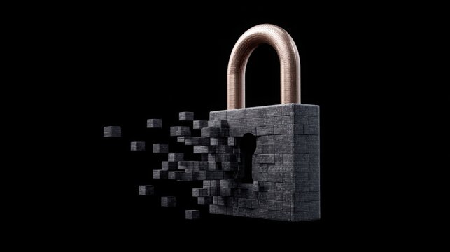 A digital padlock disintegrating, symbolizing cybersecurity and data protection concepts.