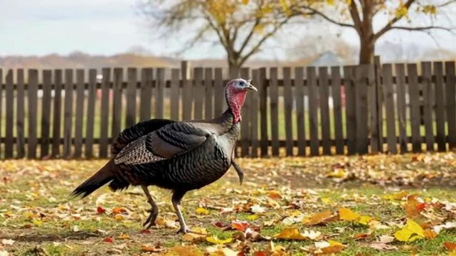 Turkey struts confidently across autumn leaves in rural farmyard, a symbol of Thanksgiving celebrations and a vibrant harvest season, adding rustic charm