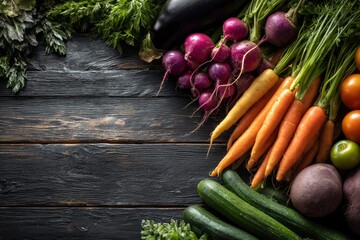 Freshly harvested vegetables arranged on a dark wooden table creating a rustic, organic, and