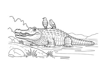 Naklejka premium A detailed line art drawing of a large alligator with two small birds on its back, resting in water near a grassy bank with hills in the background.