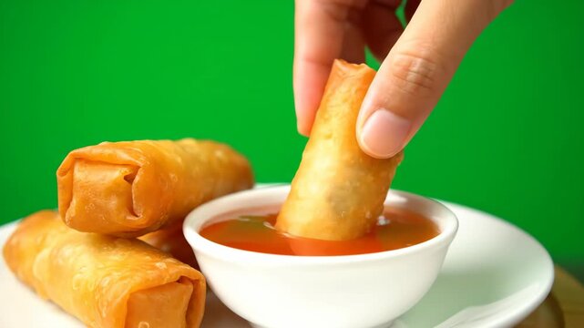 Crispy spring roll dipped in sweet chili sauce, a delicious appetizer close-up