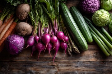 Rustic arrangement of vibrant spring vegetables rests on weathered wooden boards in a still life