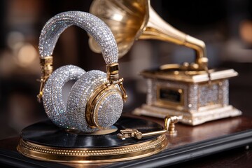 Intricate headphones encrusted with shimmering crystals sit atop a vintage gramophone for a luxury