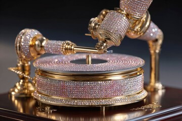 Opulent, intricately designed golden structure covered in sparkling gems reflects luxury and