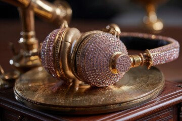 Elegant headphones shimmering with gems sit atop a gold disc, embodying luxury and sparkling