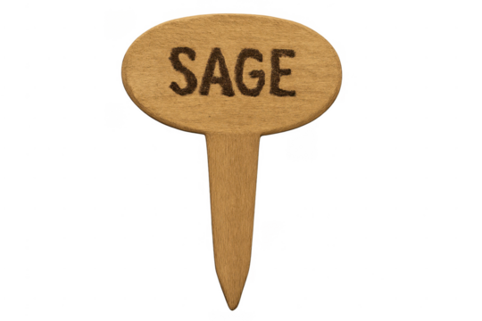 Wooden plant marker with sage herb name, transparent background