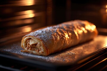 Freshly baked pastry roll with a dusting of powdered sugar sits inside a warm, glowing oven, ready