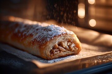 Golden brown pastry filled with spiced apples sits inside the oven with powdered sugar dusting