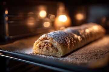 Warm, freshly baked strudel dusted with powdered sugar sits inside a brightly lit oven, inviting