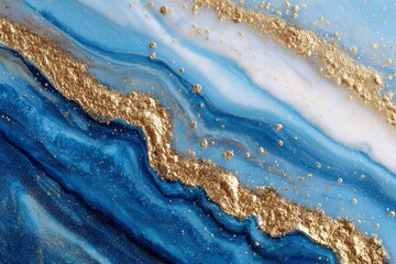 Elegant fluid art background featuring swirling shades of blue, white and shimmering textured gold