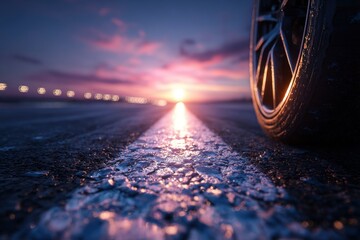 Dramatic low-angle view capturing the wheel of a vehicle and the road at dusk under a vibrant,