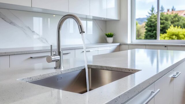 Modern kitchen with running water from a sleek faucet into a stainless steel sink, highlighting clean design, white cabinets, and bright countertops.