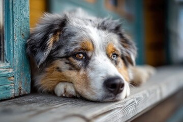 Close-up portrait of a beautiful Australian Shepherd resting its head on weathered wood, creating a