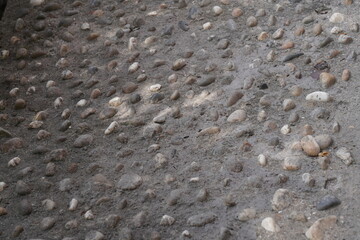 Close-up view of a textured concrete surface with embedded pebbles.