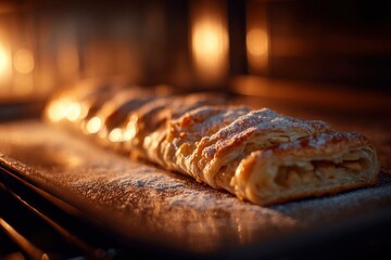 Close-up of golden pastry dusted with powdered sugar, still warm from the oven's golden glow.