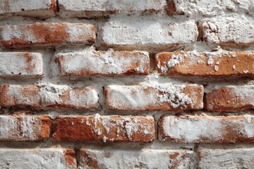 Close-up of a weathered red brick wall partly covered with thick white paint, showcasing textures