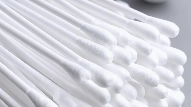 Close-up of a pile of clean, white cotton swabs. Ideal for hygiene, beauty, baby care, or medical themes. Soft focus on tips creates a gentle, pure feel.