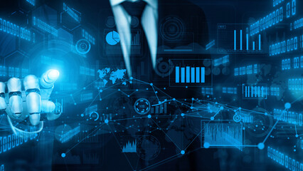 A businessman engages with a digital interface showcasing various graphs and charts. The blue tones and robotic elements emphasize a futuristic technological environment. Xenic