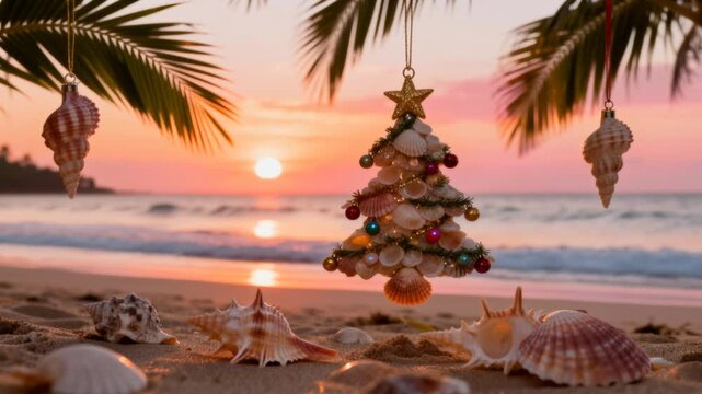 tropical beach decorated with christmas ornaments made of seashells and palm leaves, golden sunset light, calm waves