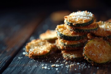 A stack of golden-brown, crispy zucchini chips with a light sprinkle of seasoning resting on a