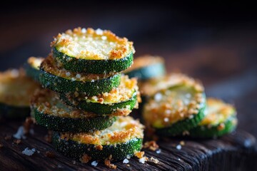 A delicious stack of golden, crispy fried zucchini slices, showcasing a healthy appetizer or side