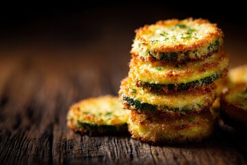 Stack of appetizing crispy fried zucchini rounds, garnished with fresh herbs, resting on rustic
