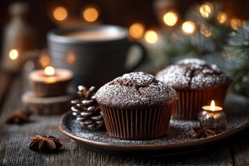 Cozy still life of powdered chocolate muffins, hot beverage, and candlelight evokes a warm,