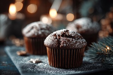 Delicious chocolate muffins dusted with powdered sugar are displayed on a dark surface, creating a