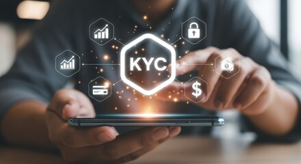 Mobile KYC Verification: Hand Holding Smartphone with Glowing KYC Hexagon Surrounded by Finance and Security Icons for Customer Identification and Digital Compliance