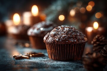 Two decadent chocolate muffins dusted with powdered sugar sit amidst a warm, festive, and cozy