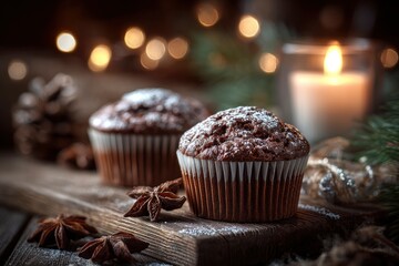 Two dark chocolate muffins dusted with icing sugar set a cozy, warm, and inviting mood with star
