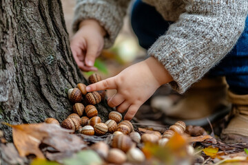 child hands playing with acorns while touching the base of tree