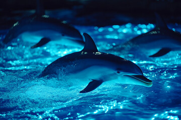 Fototapeta premium Dolphins and bioluminescent plankton lighting up the ocean at night