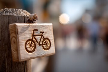 Rustic wooden signpost featuring a carved bicycle symbol for cycling routes and outdoor navigation.