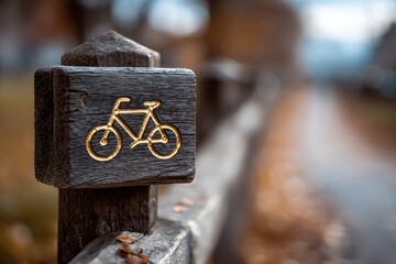 Wooden sign post with gold bicycle symbol marks a path through an autumn landscape, suggesting