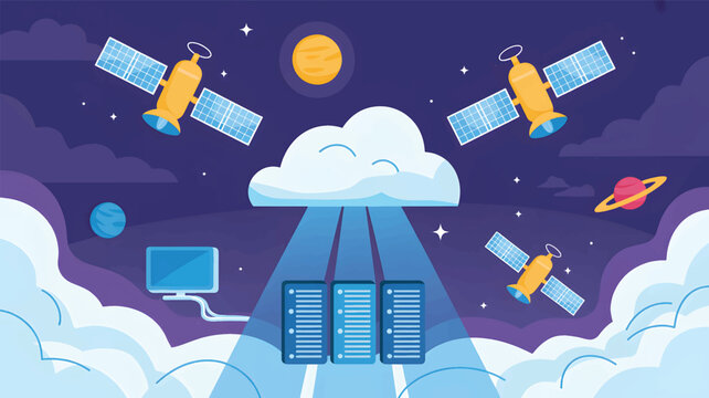 Satellites transmit data from space to servers below cloud