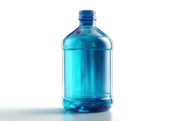 A tall, clear bottle filled with cool, refreshing blue liquid stands against a bright white