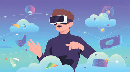 Man wearing V R headset interacting with digital elements