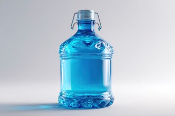 Still life featuring clear blue liquid inside an ornate glass bottle, resting on a plain white