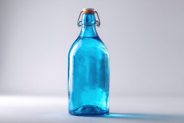 A clear glass bottle filled with lightly textured blue liquid sits on a white surface, casting a