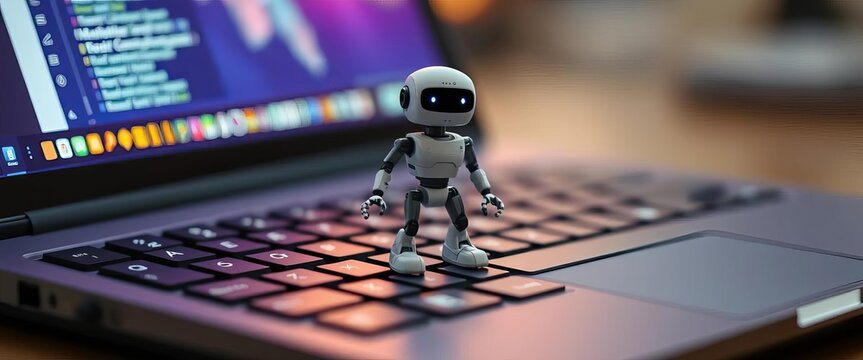 Miniature robot positioned on a laptop keyboard, technology, small