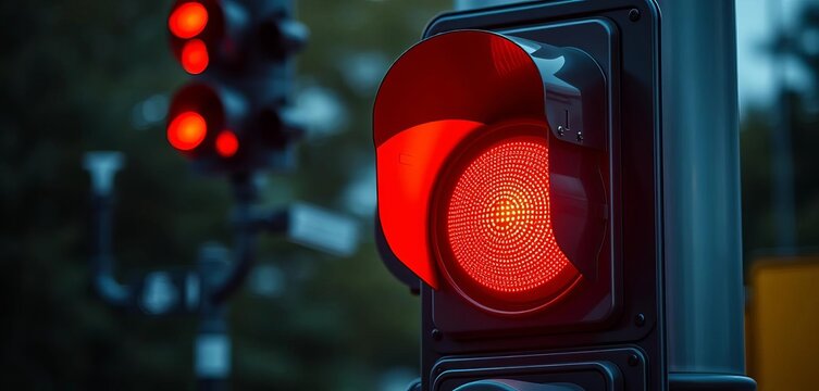 Traffic signal light at an intersection, showing red light, green, traffic control - Powered by Adobe