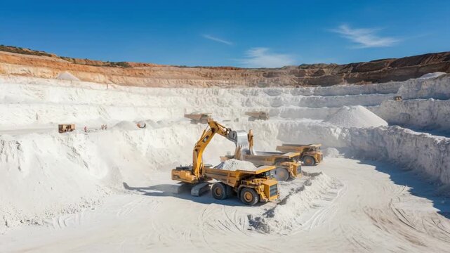 Sunny midday closeup of kaolin clay piles and mining trucks actively loading raw material in a large openpit excavation area.