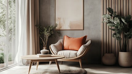 Cozy armchair with an orange cushion and a small round wooden table in a bright modern living room with natural light and plants